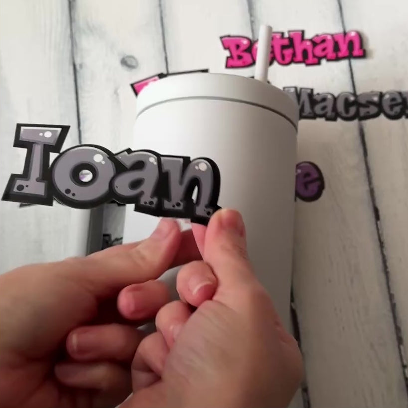 Comic Style Graffiti Personalised Waterproof Vinyl Name Sticker - Applying Monochrome style to Drinks bottle.  Ideal for school parties