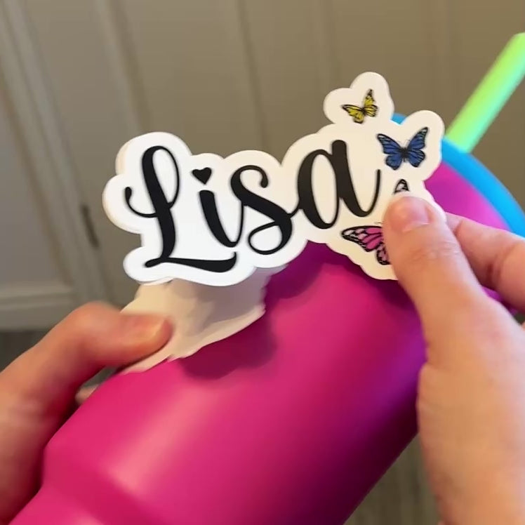 Butterfly Name Personalised Waterproof Vinyl Sticker applied to water drink bottle