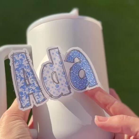 Floral Blue and White Name Personalised Waterproof Vinyl Sticker Label Kids