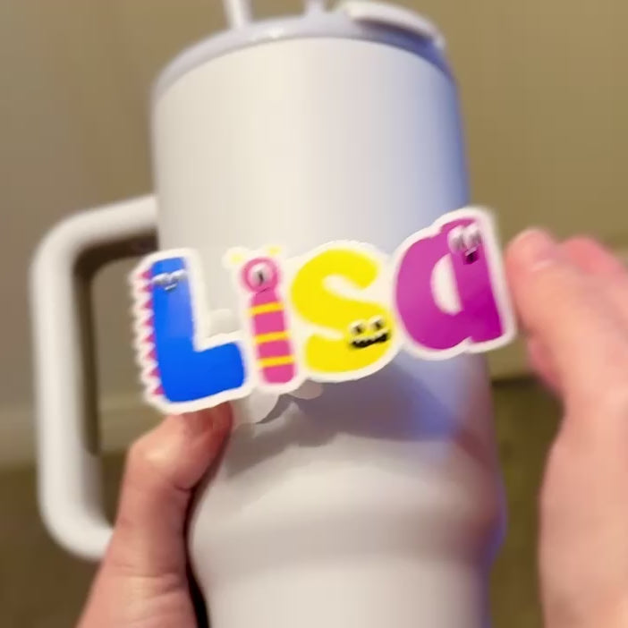 Monster Themed personalised name sticker applied to a drink bottle