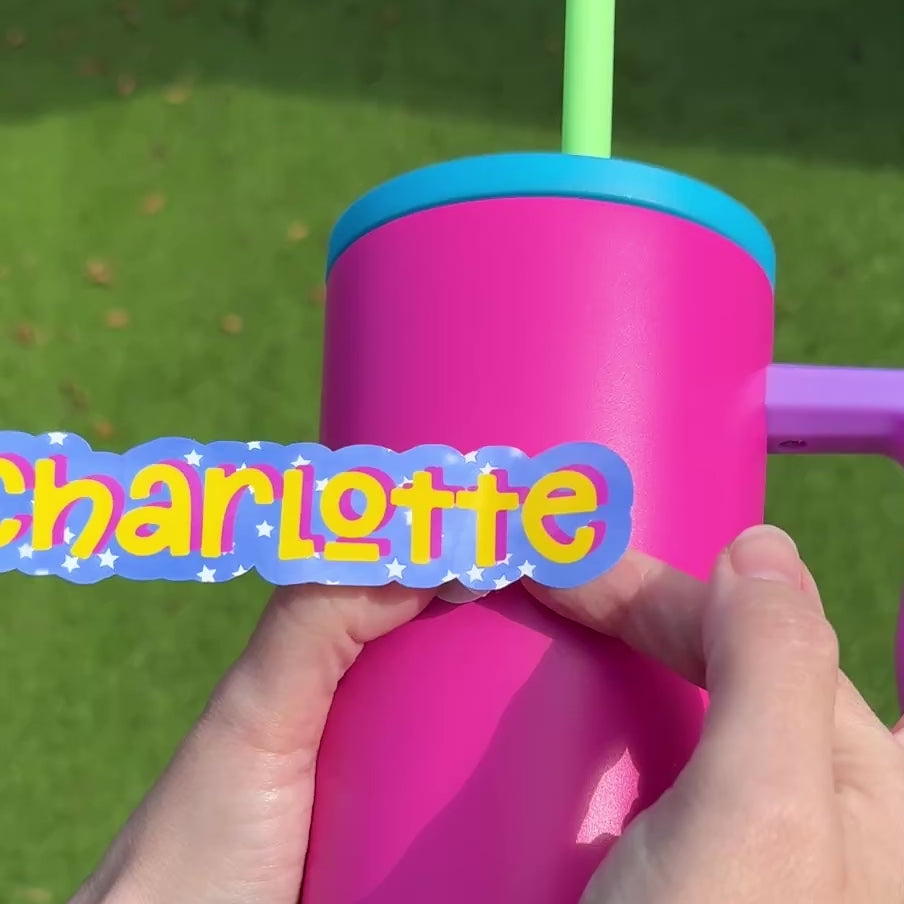 Cute Stars Personalised Name Sticker applied to water drink bottle