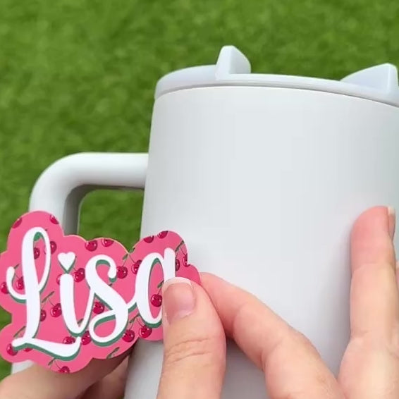 Cherry Name Personalised Sticker Applied to drink bottle