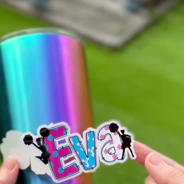 Eva cheerleader personalised sticker applied to drink bottle