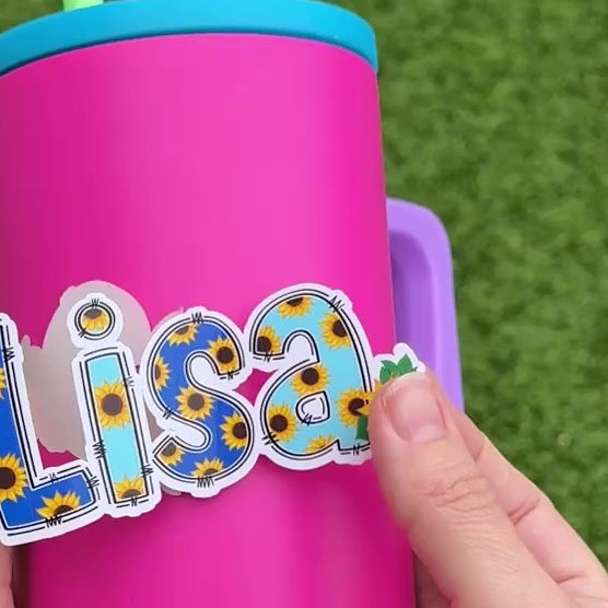 Sunflower Personalised Name Sticker applied to a water drink botle