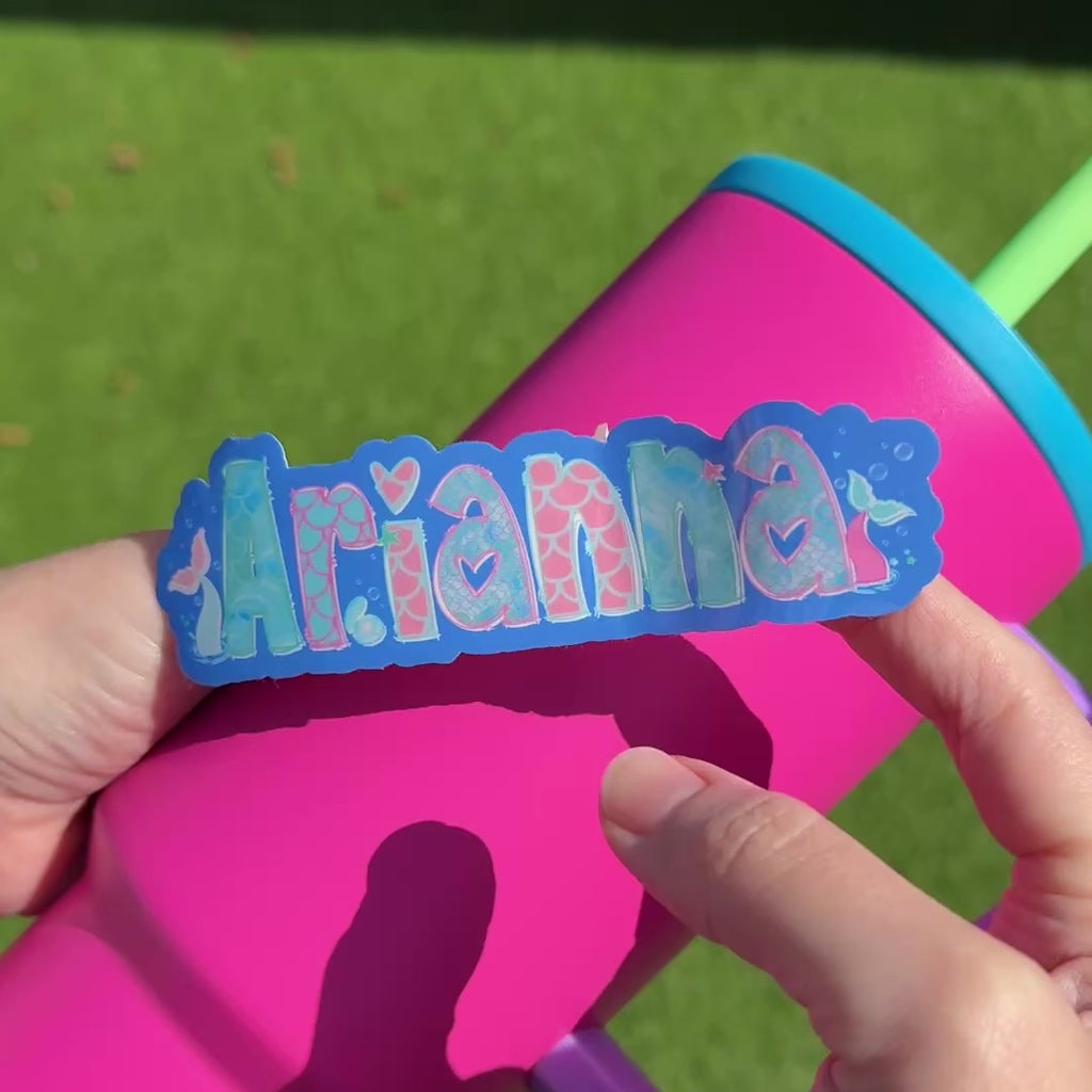 Mermaid Name Personalised Sticker applied to a water drink bottle tumbler