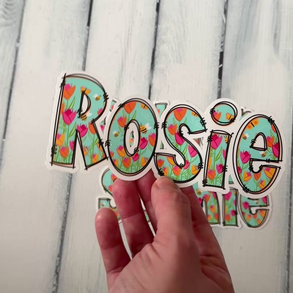 Spring Floral Name Personalised Waterproof Vinyl Sticker - Tulips Bees.  Closeup Rosie for drink bottle, iPad, tablet, journal Video
