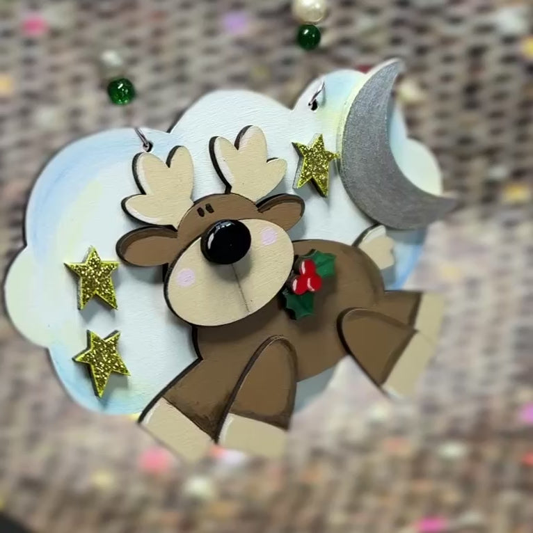 Reindeer Cloud Christmas Tree Decoration Wooden Layered Handmade