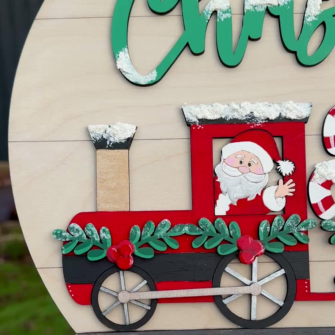 Christmas Train 30cm Hanging Wall Sign Handmade and Hand Painted