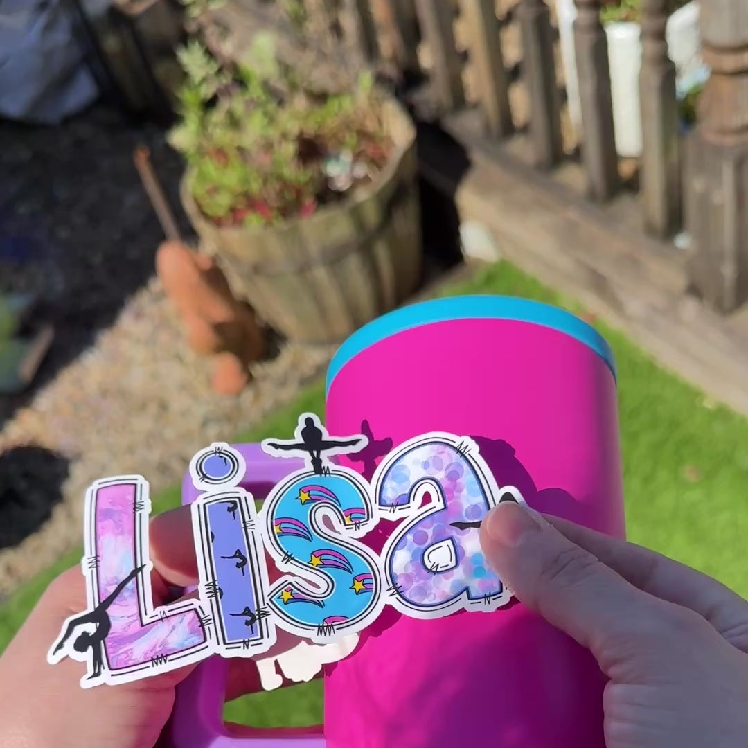Gymnastics Name Sticker Applied to bright pink drink bottle