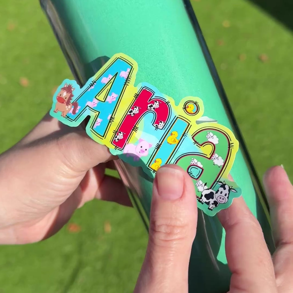 Farm Animals Name Personalised Sticker applied to a water drink bottle