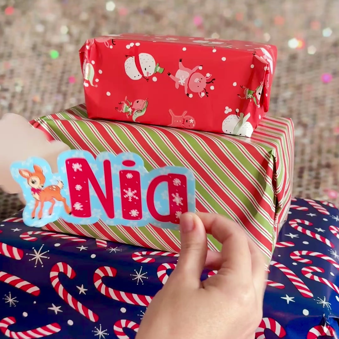 Christmas Penguin Deer Name Stickers - Snowflake Vinyl Waterproof Personalised Labels