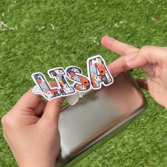 Dog themed personalised name sticker applied to a dog bowl