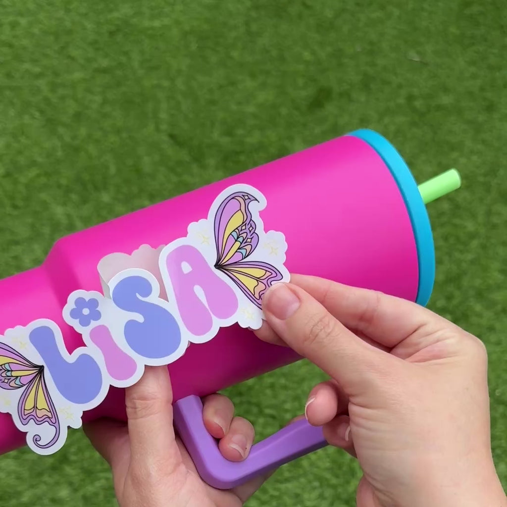 Fairy Personalised Waterproof Vinyl Name Sticker applied to drink water bottle 