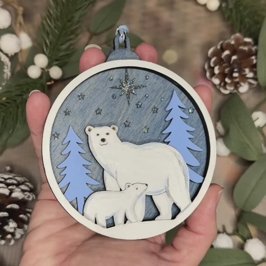 Polar Bear Christmas Scene Bauble Christmas Tree Decoration - Hand Painted Handmade Wooden Hanging Decor Blue Silver - 3 designs 3D Layered